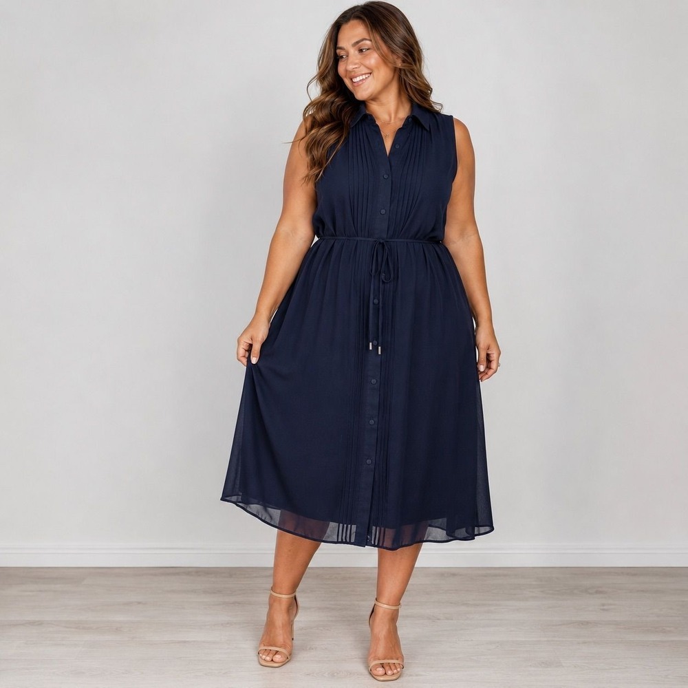 Reitman's Navy Blue Sleeveless Pleated Button Front Tie Waist Midi Dress Womens